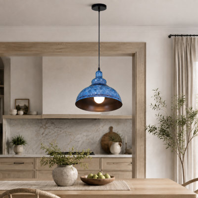 Distressed Blue Metal Dome Pendant Light, 1-Light Hanging Lamp with Black Canopy, Adjustable Cord and E26 Warm Bulb Included
