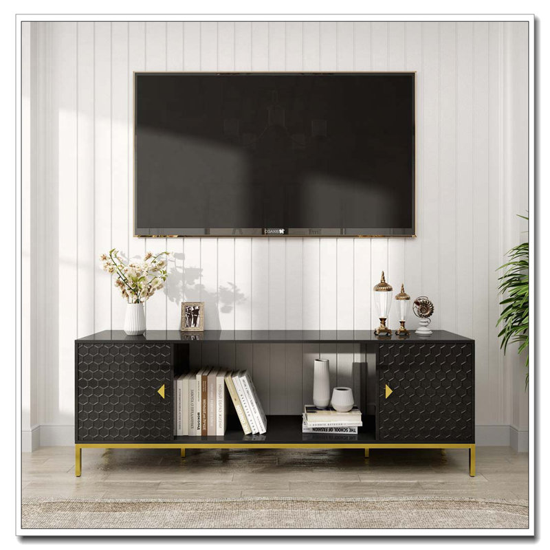 Meuble audio-vidéo en bois avec rangement et tablettes ouvertes, Noir