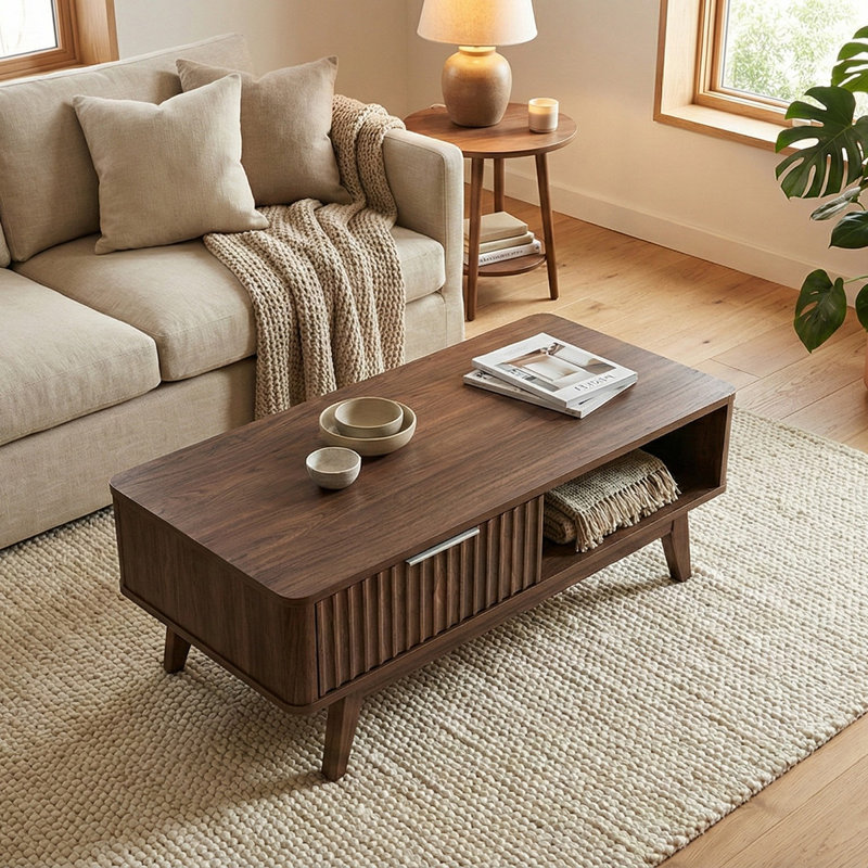 Yaelle Four Leg Coffee Table with Storage, Walnut
