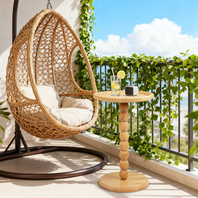 Rattan Accent Table With Solid Wood Base, Modern Boho Side Table For Small Spaces, Multi-Functional End Table For Living Room, Bedroom And Office Decor