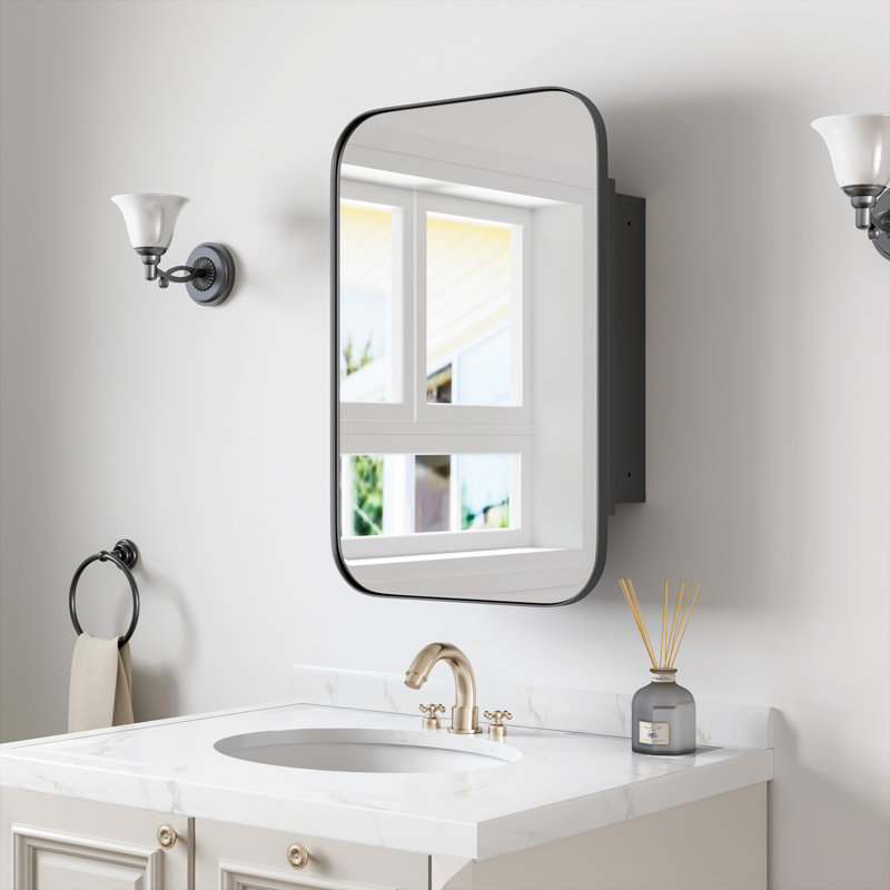 Armoire à pharmacie murale encadrée avec miroir et tablettes, Noir, noir, noir, noir, H 24 po x l 16 po x P 5 po