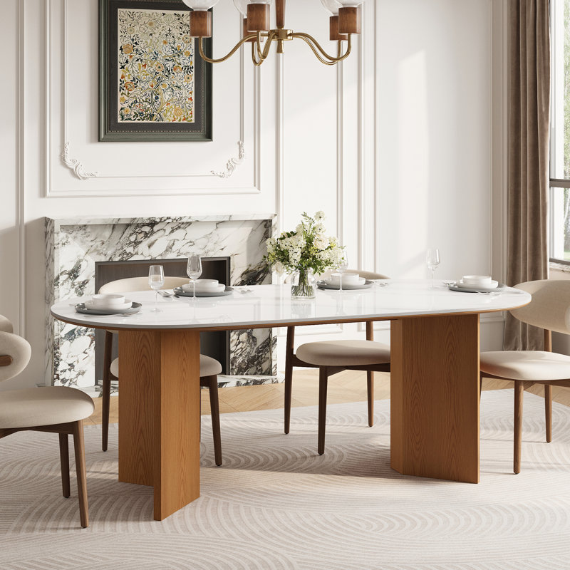  Table de salle à manger moderne 71 po ovale 71 po avec pieds en bois brun 4-6, White