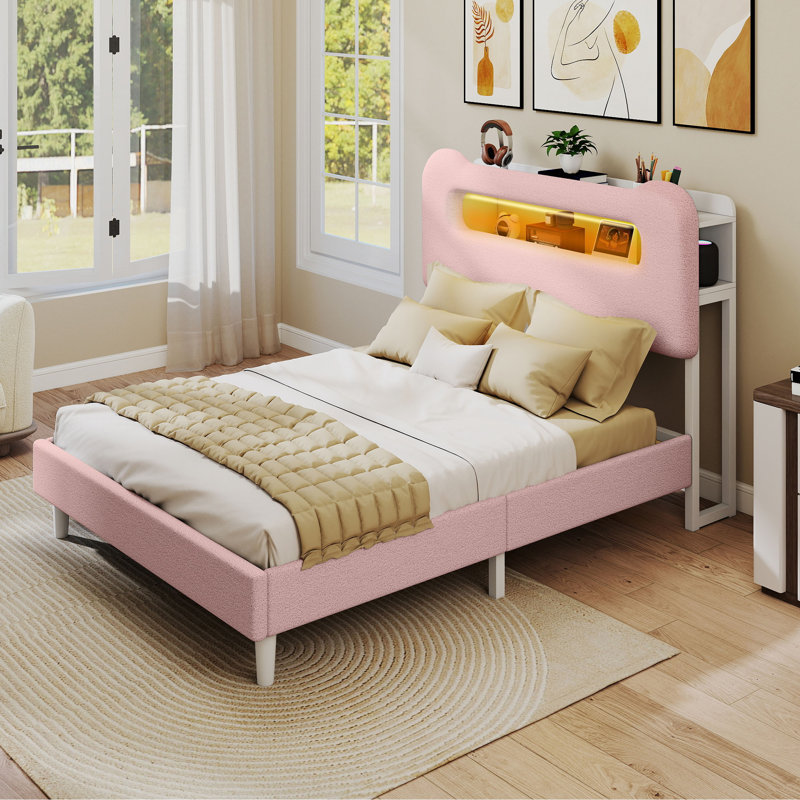 Lit plateforme avec rangement et éclairage DEL, Rose, Double