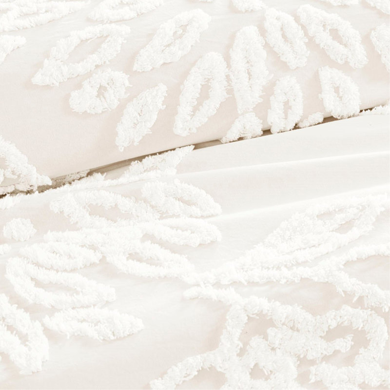 Ensemble de housse de couette à motif floral en chenille capitonnée 3 pièces pour lit double / grand, Blanc cassé