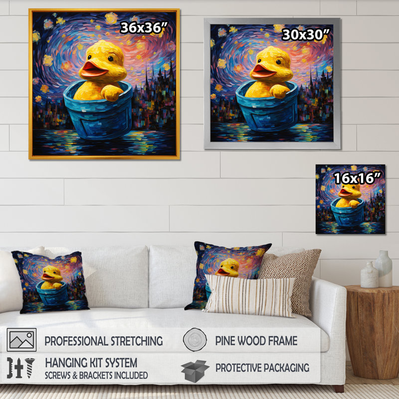 «Playful Yellow Duck In Bathaign III» - Art mural de salle de bain, H 36 po x l 36 po