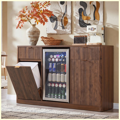 59" Coffee Bar Cabinet with Mini Fridge Space & Tilt-Out Trash Can, Walnut Brown Fluted Buffet Sideboard with Storage, Charging Station & Glass Holder for Dining Room