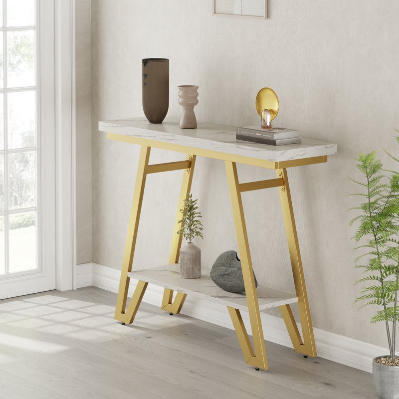 40.5" Narrow Industrial Console Table, 2-Tier Metal Frame ,Golden White, White/Golden