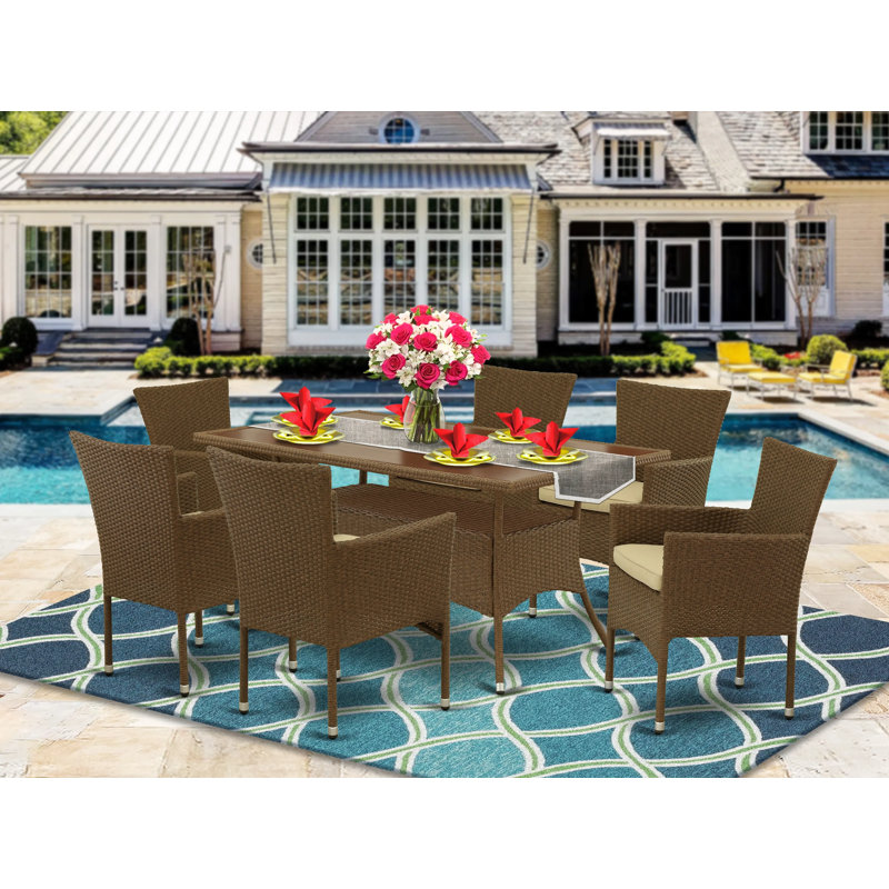 7 Piece Outdoor Wicker Patio Furniture Sets Consist of a Rectangle Bistro Table with Glass Top and 6 Balcony Armchair with Cushion, Brown