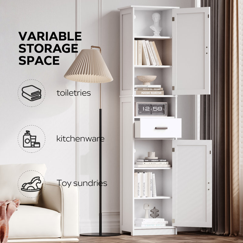 Tall Bathroom Storage Cabinet with 2 Barn Doors, 1 Drawer, Adjustable Shelves, and Narrow Design for Small Spaces, White