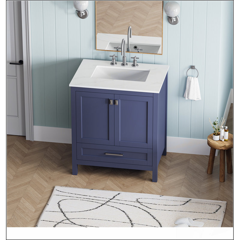 Meuble-lavabo de salle de bain 30 po avec lavabo, meuble-lavabo entièrement assemblé avec comptoir en marbre, bleu marine 24V03-30NB