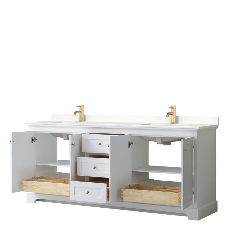 Avery 80'' Double Bathroom Vanity with Quartz Top, White, Giotto Quartz, Matte Black