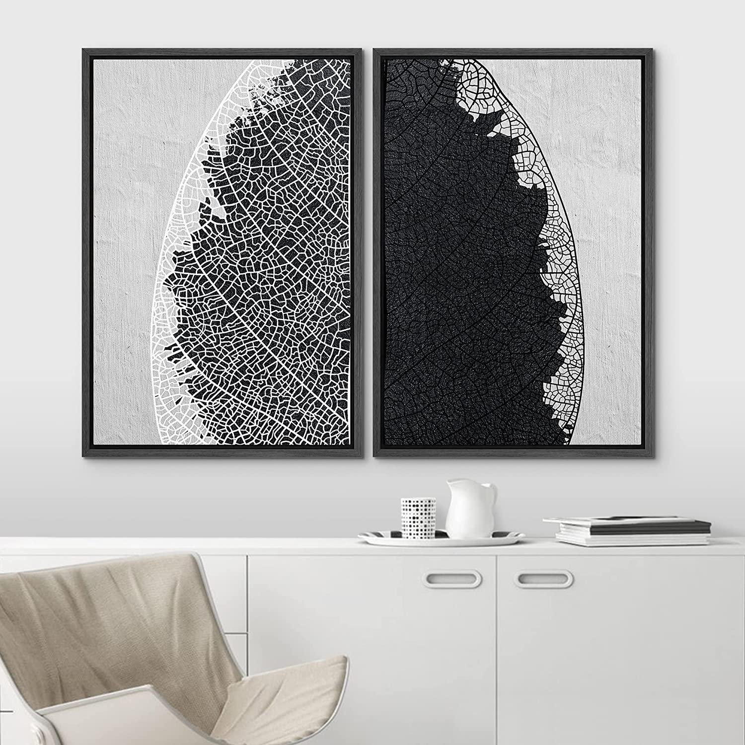 IDEA4WALL Framed Canvas Print Wall Art Set Black White Grunge Forest ...