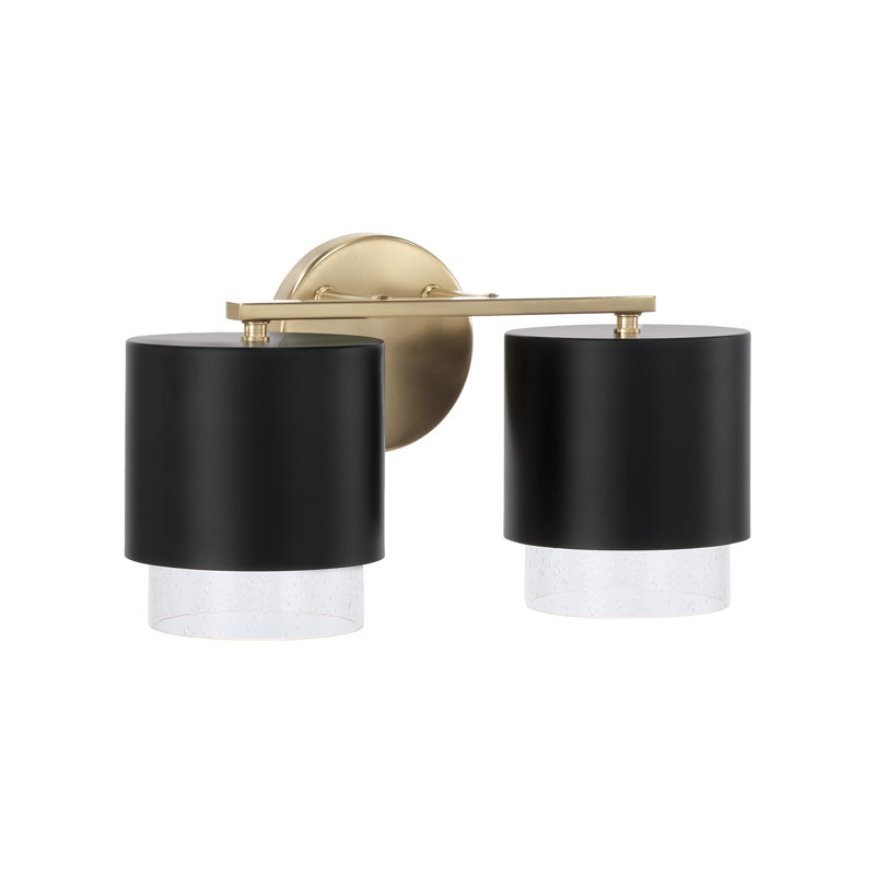Meuble-lavabo cylindrique en métal 2 lumières H 8,25 po de couleur noir mat avec laiton mat et verre bullé