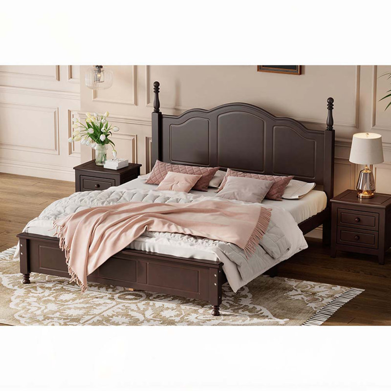 Ensemble de chambre à coucher 3 pièces, grand lit plateforme en bois et deux tables de chevet - Noyer foncé, Noyer