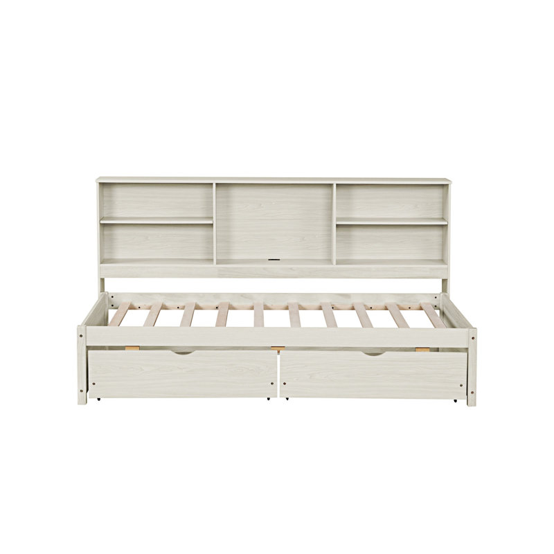 Bed Frame With Side Bookshelves,Two Drawers And Built-In USB Port, Creamy White