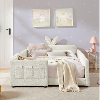 Lit plateforme tapissier double avec tête de lit en forme d'oreille de lapin mignon, avec barrière de sécurité et poche, tissu bouclé, beige
