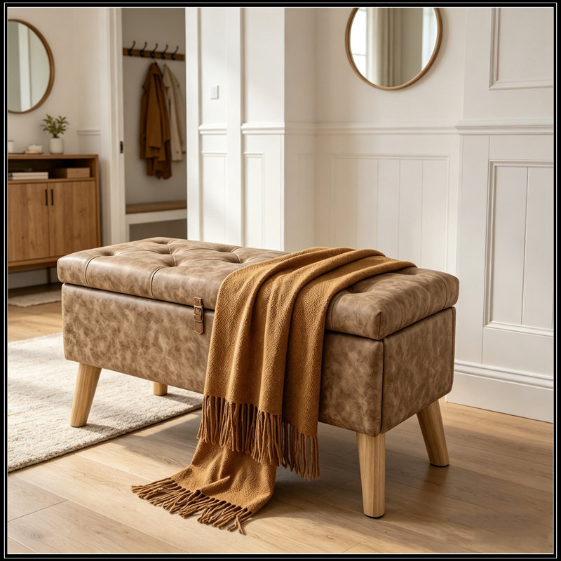 Banc rembourré avec siège capitonné et pieds robustes, Brun