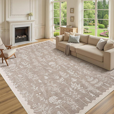 2x6 Washable Floral Runner Rug, Non-Slip, Low-Pile, Scalloped Pattern for Kitchen, Hallway, Laundry, Bathroom, Green