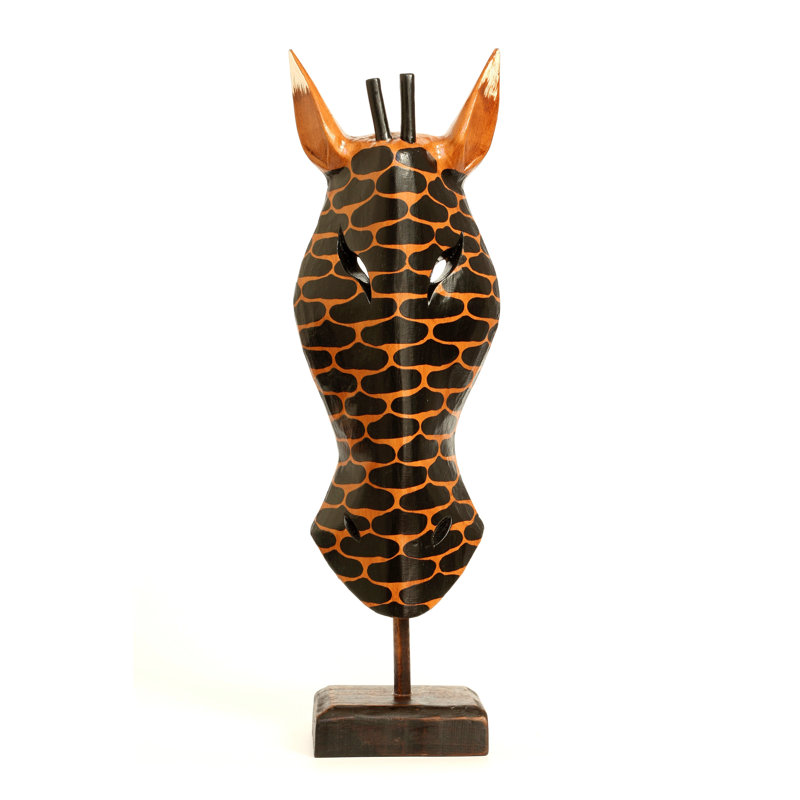 Masque de girafe tachetée tribal en bois avec support sculpté à la main 20 po