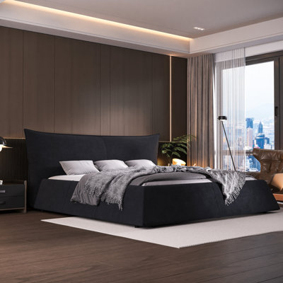 Très grand lit très grand avec tête de lit - Revêtement en velours et construction en bois massif robuste avec lattes noires ultra-confortables