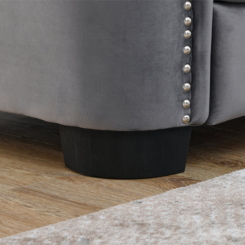 Canapé Chesterfield 77 po 77 po - 3 places, capitonné, clouté, 2 coussins - gris, Grey Velvet