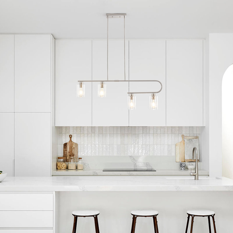 Lustre pour îlot de cuisine 4 lumières avec abat-jour en verre classique, Nickel satiné