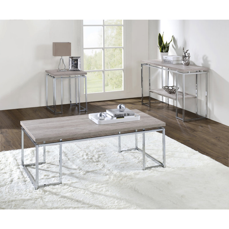 Table de bout carrée avec base en métal, chêne naturel et chrome