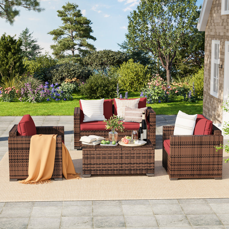 Azoriah Wicker 4 - Person Outdoor Seating Group with Storage, Wine Red