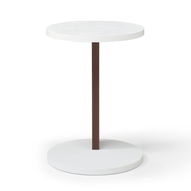 Table de bout en forme de C, petite table d'appoint pour canapé, table de canapé avec cadre en bois pour le salon, la chambre à coucher, le chevet, rustique (blanc et noyer)