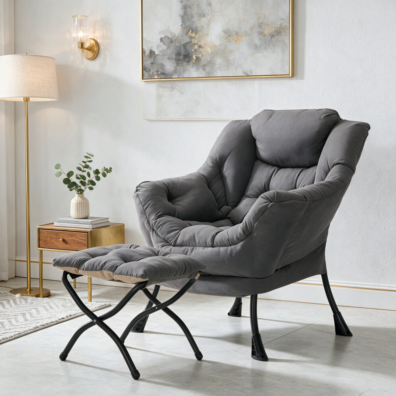 Lazy Chair With Foldable Ottoman, Modern Comfy Lounge Chair, Large Sofa Armchair With Footrest And A Side Pocket, Leisure Reading Chair With Footstool For Bedroom, Living Room, Dorm, Dark Grey