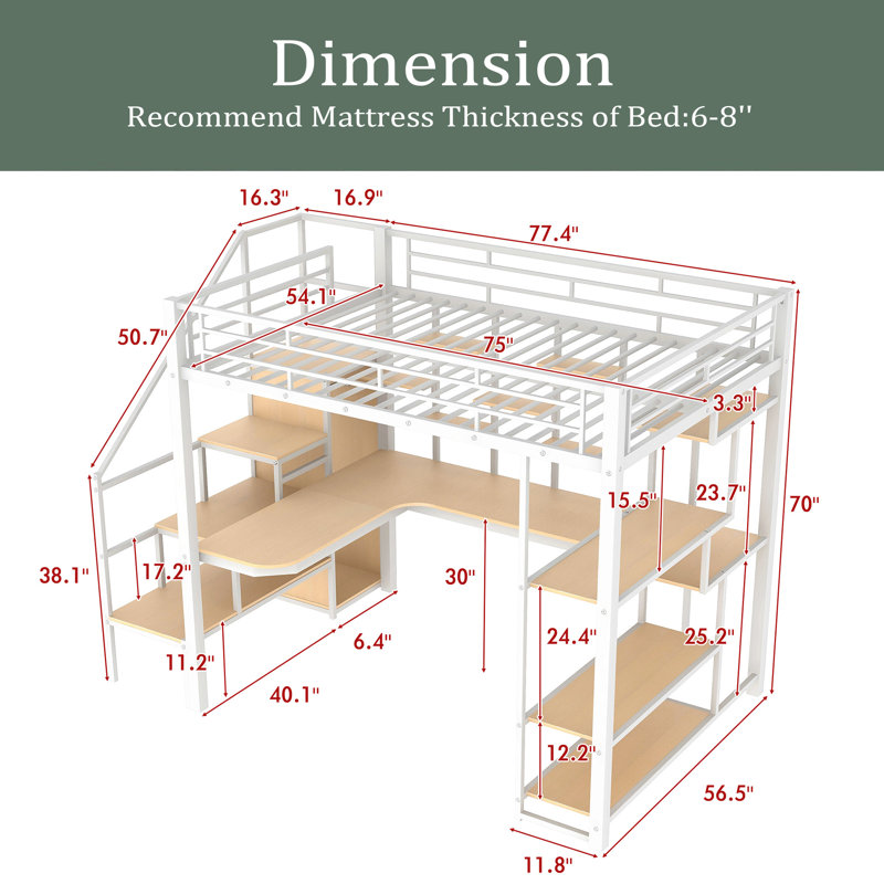 Lit mezzanine double en métal avec escalier de rangement et petite armoire, bureau intégré et tablettes de rangement, Blanc
