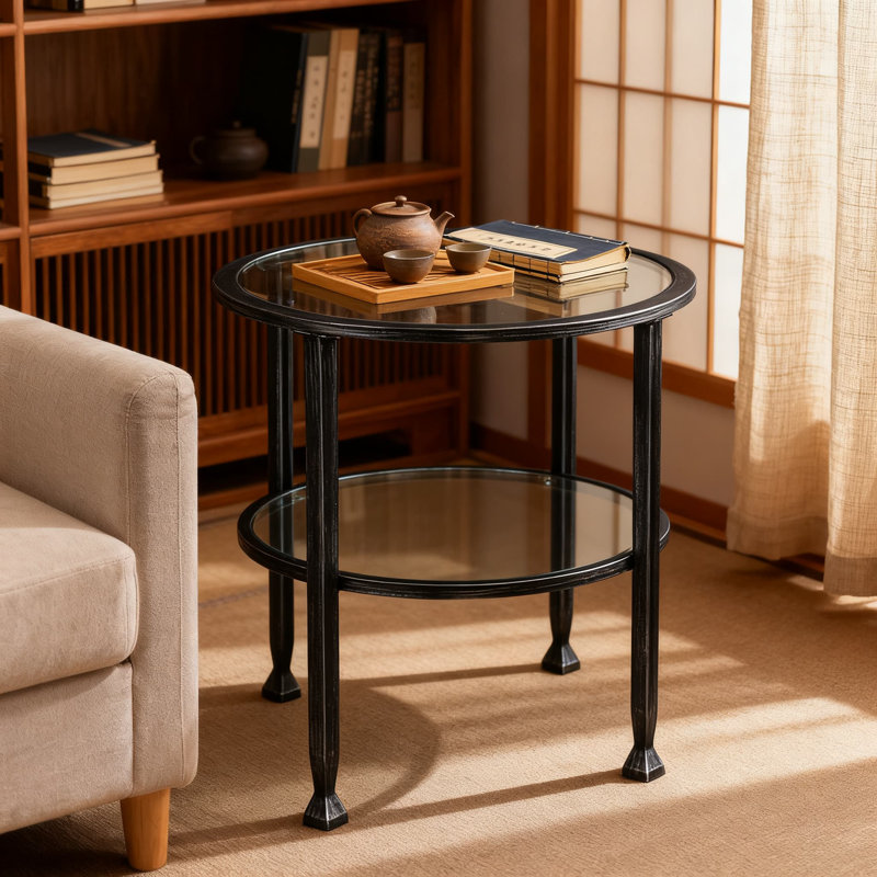Table de bout ronde avec plateau en verre trempé et tablette fixe, table d'appoint minimaliste pour le salon, la chambre à coucher ou le bureau