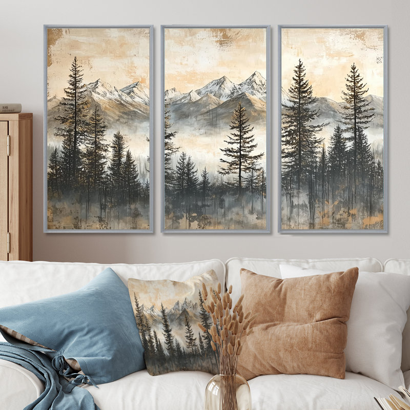 Timber and Peaks Mountain Simplicity in Winter IV - Art mural de grandes montagnes - 3 panneaux, Argent argent