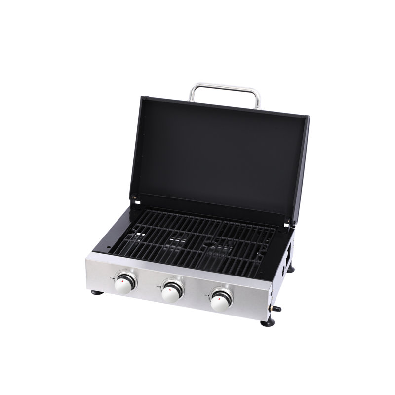 Barbecue au gaz à 3 brûleurs avec filet en fonte incassable, corps de poêle émaillé, résistance aux hautes températures, carter d'huile coulissant, gril multifonction en acier inoxydable à température de 28650 BTU,
