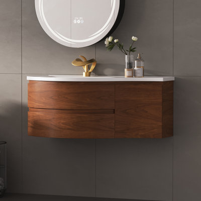 Meuble-lavabo flottant incurvé marron de 35 po, armoire de salle de bain demi-cercle