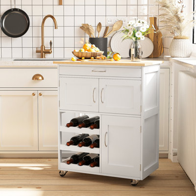 Ferrer Kitchen Island With Wine Bottle Rack And Spacious Storage - White Rolling Convenient Function