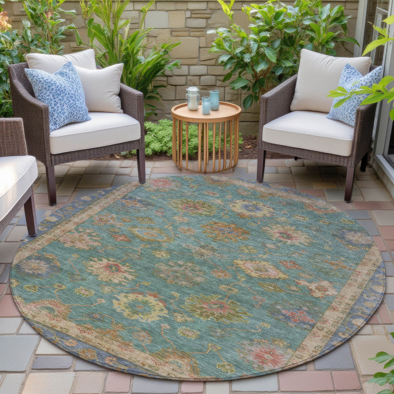 Machine Washable Indoor/Outdoor Xhevrie Teal Rug, Round 8'