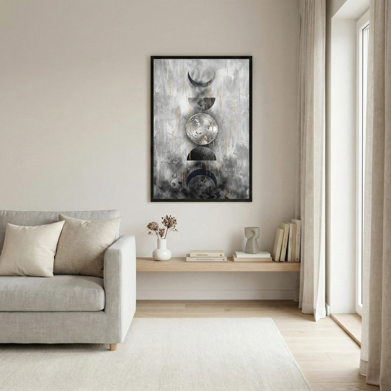 Toile noire encadrée en bois noir pour le salon, la chambre à coucher, le bureau ou le vestibule - décoration murale décorative avec des phases de lune