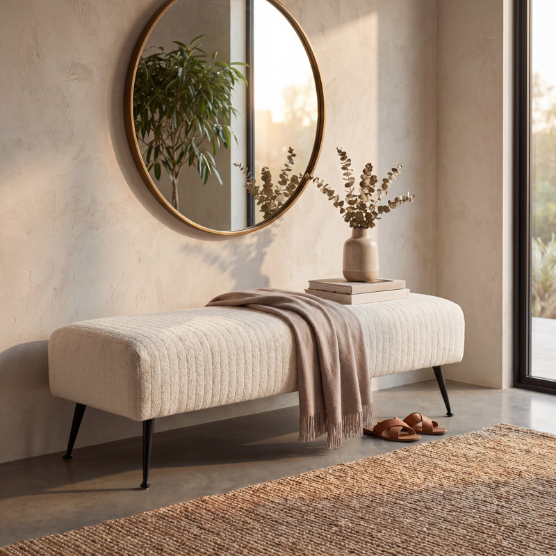 Upholstered Entryway Bench, Ivory Boucle, Black