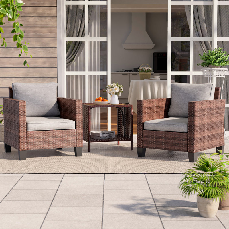 3 Piece Patio Conversation Set with Cushion, Brown, Linen Gray