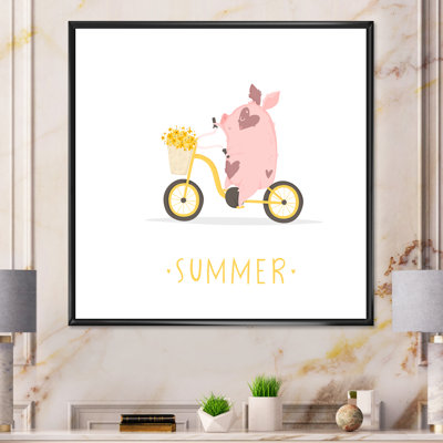 Petit cochon sur une bicyclette d'été - reproduction d'art sur toile pour enfants