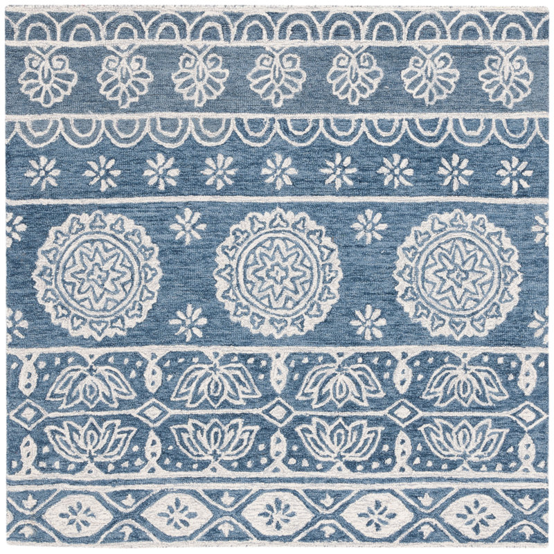 Leavens Hand Tufted Wool/Cotton Floral Rug in Blue/Ivory, Square 5'