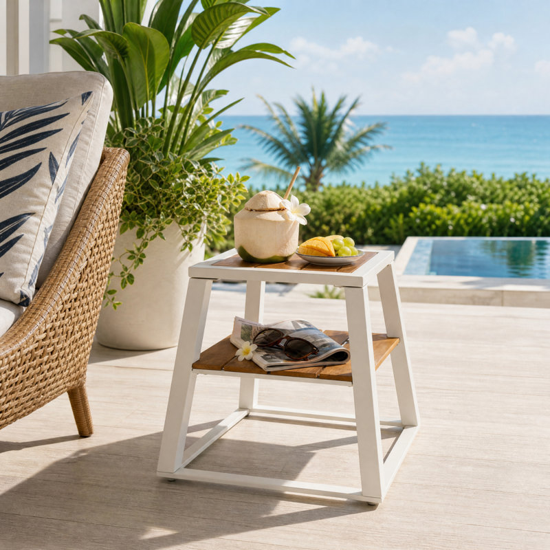 Table d'appoint carrée à deux niveaux en bois d'acacia pour terrasse, avec tablette de rangement et structure en métal blanc.
