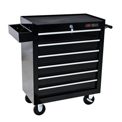 6 Drawer Repair Shop Tool Storage With Locking System And Wheels - Black Rolling Organizer Drawers Lock, For Garage