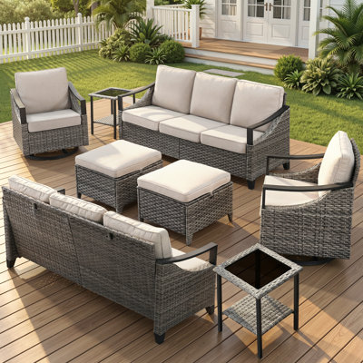 8-Piece Outdoor Modern Iron Armrests Complete Family Conversation Set With Sofa And Swivel Chairs
