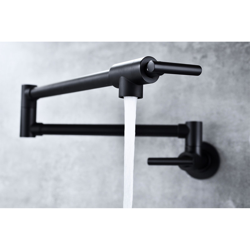 Wall Mount Kitchen Pot Filler Faucet, Matte Black Finish, Brass Build, 360 Rotation And Folding, Double Handles For Precise Water Flow Drip- Operation, Surface Treated Corrosion Mounted Brass, &