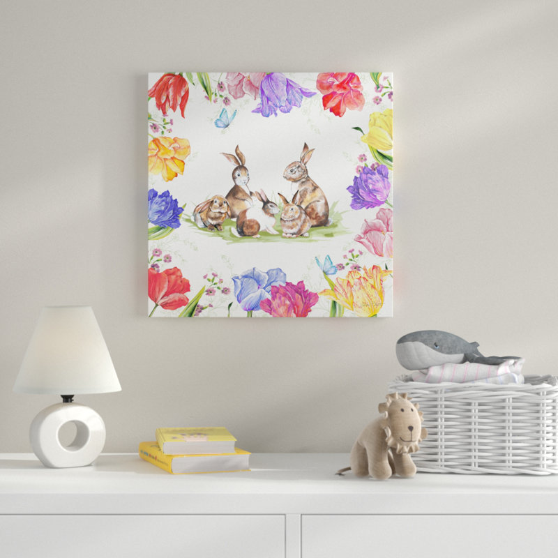 «Bunnies in the Tulips 1», art sur toile, H 14 po x l 14 po