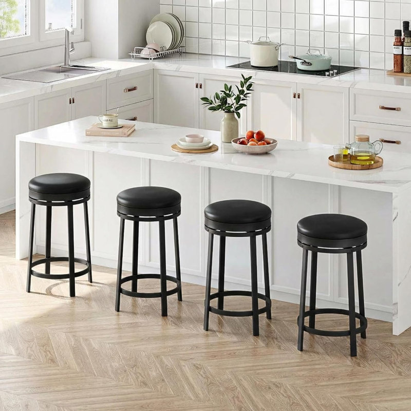 Tabourets de bar modernes pivotants, sièges en cuir de polyuréthane rond sans dossier à hauteur de comptoir de 24 po, Black 