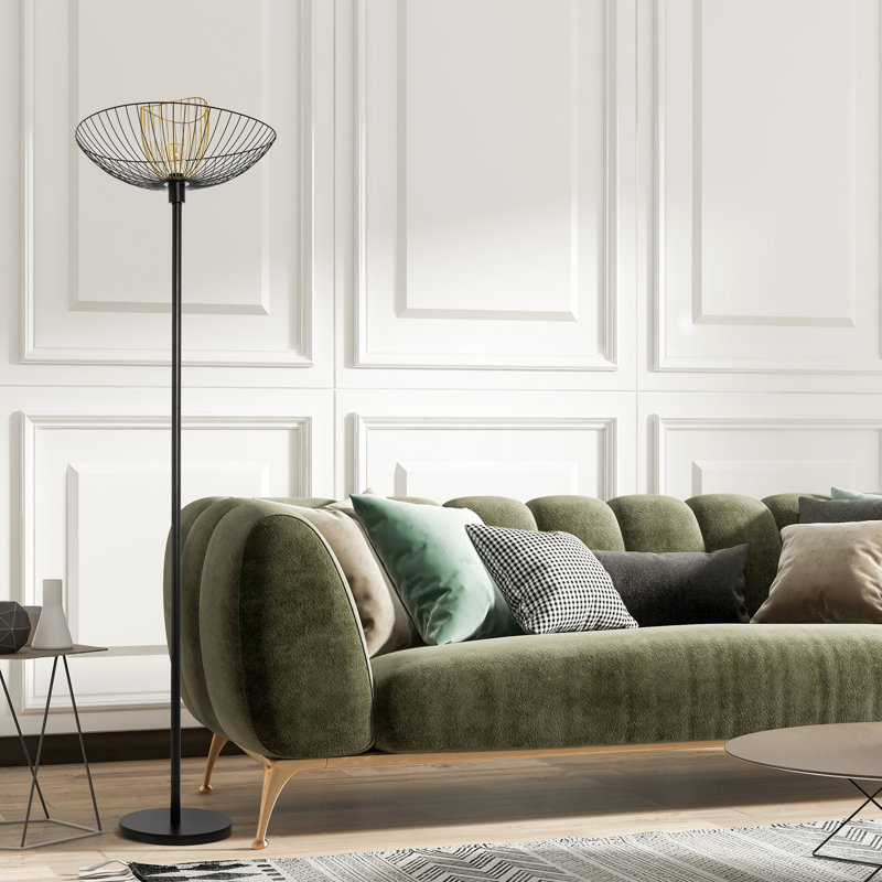 71"H Chezaray Black Painted Metal 1-Light Floor Lamp with Black and Gold Painted Metal Shade