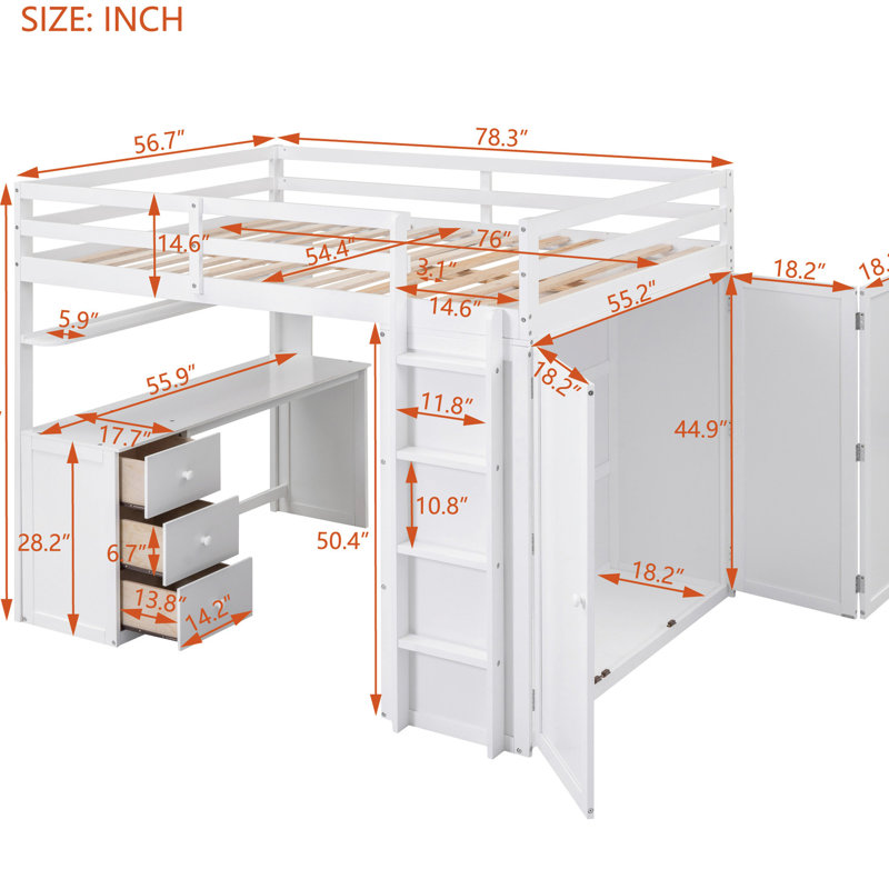 Lit mezzanine double avec tiroirs, bureau et garde-robe - blanc pour une chambre à coucher élégante, Blanc